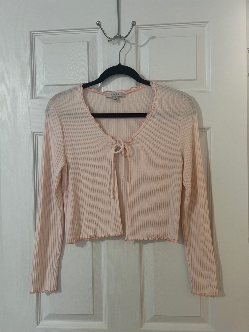 gaze Pale Pink Ribbed Tie-Front Cropped Cardigan